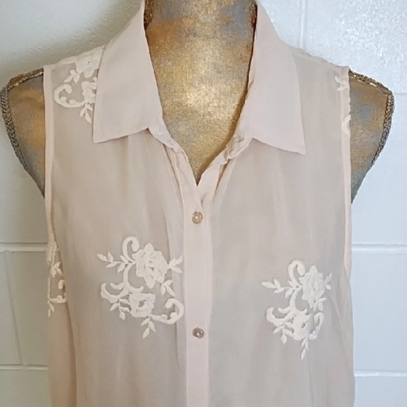 Pink Sheer Netting Embroidered Long Button Up Vest Shirt Side Slits - Picture 3 of 13
